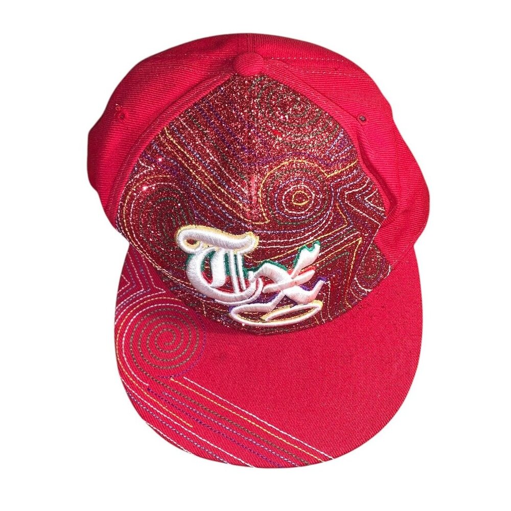 Leader Sports Cap Hat Women's Red Tx Embroidered Sparkle Glitter Swirls Xl